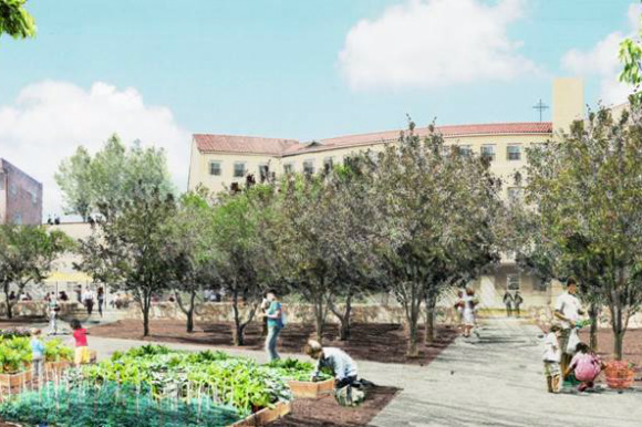 The project features a shared community garden.