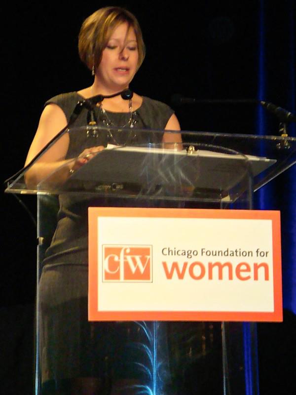 Tawnee McCluskey speaks at the Chicago Foundation for Women 27th annual luncheon.