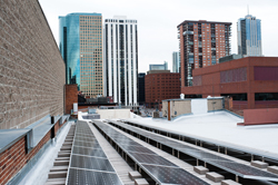 The solar panels atop the Rockmount Ranch Wear building in LoDo. 